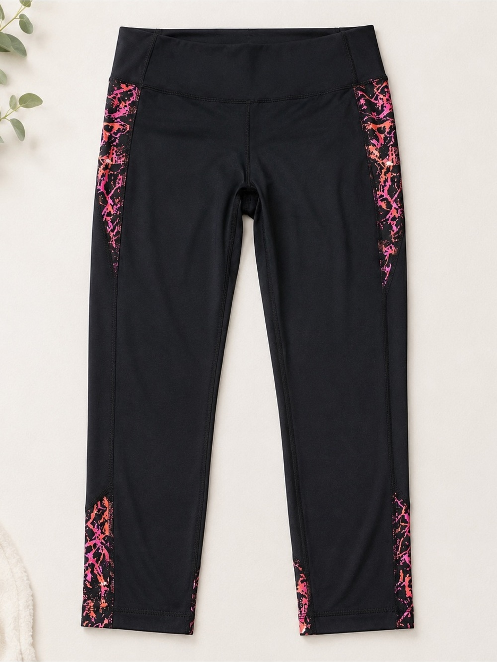 Exertek Black Cropped Athletic Leggings Pink Print Workout Pants Size Large